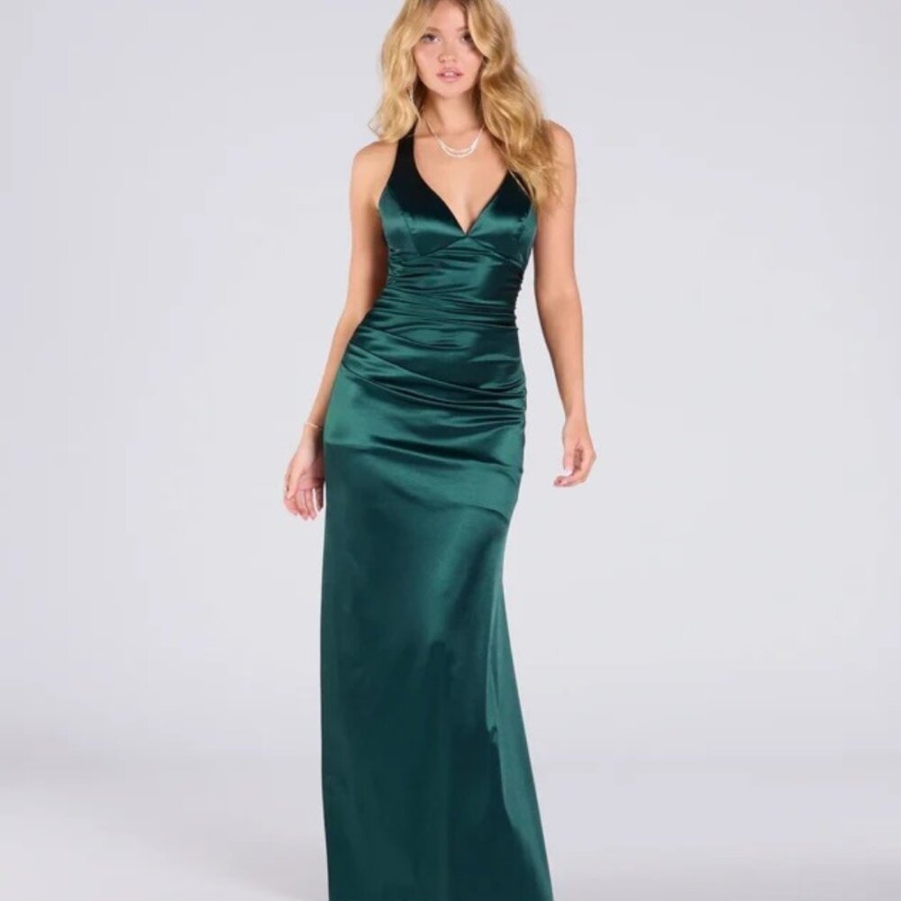 Satin, Lace-up Open Back Formal Prom Dress Maxi Column Hunter Jade Green, Size L